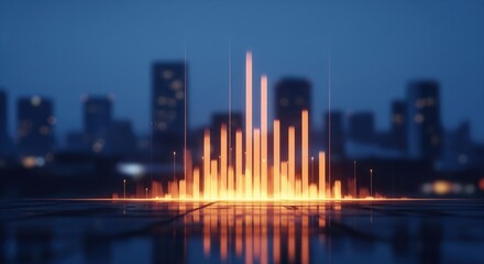 Vibrant cityscape with glowing data visualization at dusk