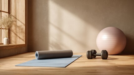 Minimal home workout setup with yoga mat dumbbells fitness ball and soft morning sunlight