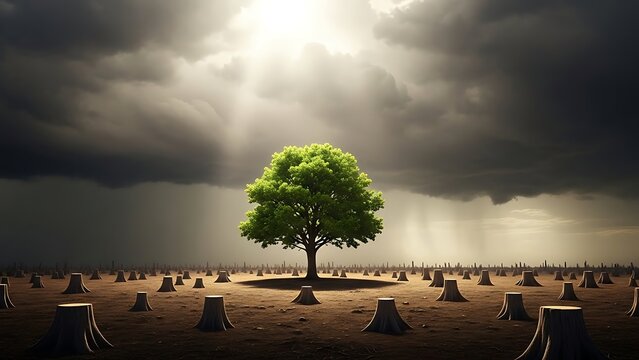 Lone tree standing strong amidst deforested landscape with dark stormy sky