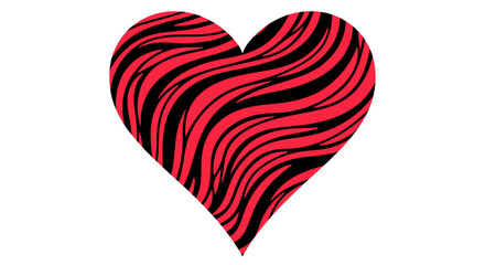 Vibrant red heart shape filled with black zebra-like wavy stripes creating a bold and artistic pattern isolated on a clean white background.