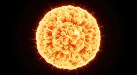 Vibrant orange virus particle with glowing corona on black background