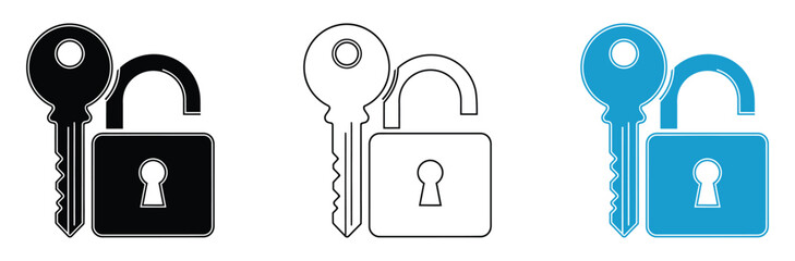 Secure access icons set with unlocked padlocks and keys