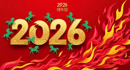 Illustration with gold numeral 2026 and green horse on a red patterned background with flame detail, representing year of the horse, Chinese zodiac