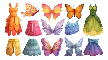 Colorful digital illustration showcasing various stylized dresses, skirts, and butterfly wing designs