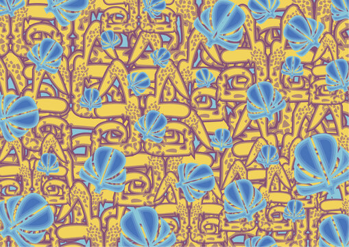 Textural backdrop created by geomtric elements and blue leaves. African motifs for fashion trends, business concepts, covers, scrapbooking, interior solutions, tiles, prints, batiks, dynamic posters