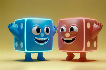Two anthropomorphic dice with smiling faces and raised arms. Studio shot with glowing edges against a yellow background with soft shadows.