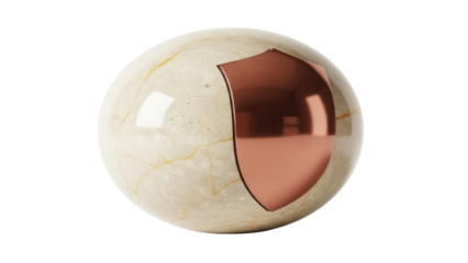 Isolated marble egg with bronze shield shape, protection symbol, security concept, Easter