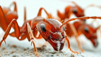 A close-up of a colony of red ants walking and gathering in a group.