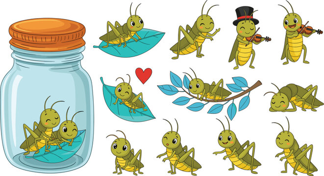 Cute cartoon grasshopper character vector set featuring grasshoppers in a glass jar playing violin and sitting on green leaves.