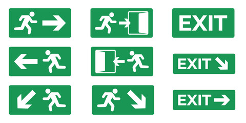 emergency exit sign icon set with running man, arrows, and exit text isolated on white background. Safety evacuation symbols ideal for buildings, public areas, signage systems, and instruction designs