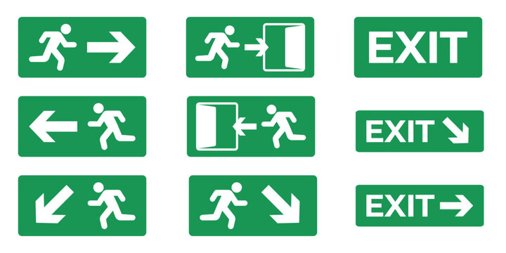 emergency exit sign icon set with running man, arrows, and exit text isolated on white background. Safety evacuation symbols ideal for buildings, public areas, signage systems, and instruction designs