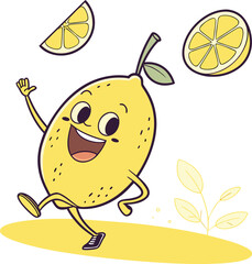 Obraz premium Smiling Lemon Character Jumping – Vibrant Yellow Flat Vector Illustration