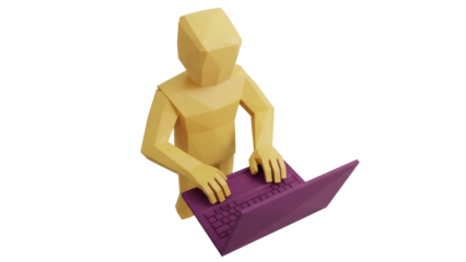 Isolated low-poly human figurine typing on a laptop computer in office, working and thinking