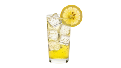 Isolated glass of refreshing citrus drink with ice and slice of lemon for summertime fun