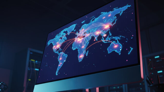 Global network world map data connection digital communication technology cyber security internet computer screen glowing global network over - Powered by Adobe