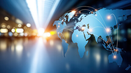 World map global network digital connection international business technology background blue color data communication global commerce world map