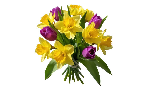 Isolated blooming daffodils and tulips floral arrangement, spring celebration, gift bouquet