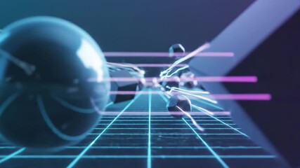 A futuristic robotic figure with glowing neon lines and a metallic sphere on a grid background with a dark blue and purple technology background. - Powered by Adobe