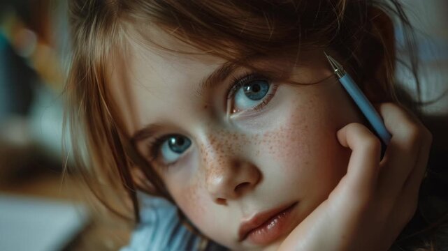A young girl with freckles on her face is talking on her cell phone. She has light-colored hair and is looking away from the camera.