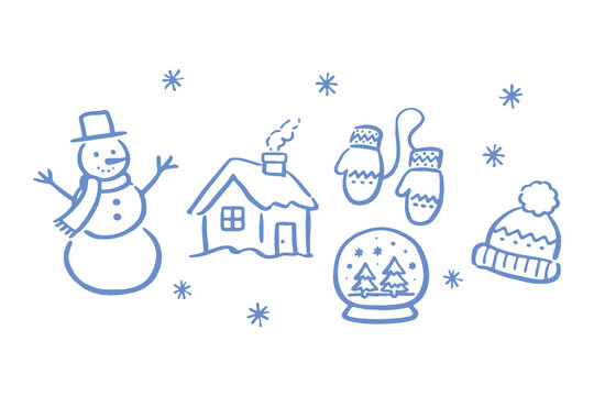 Winter set snowman house mittens snowglobe hat doodle vector illustration