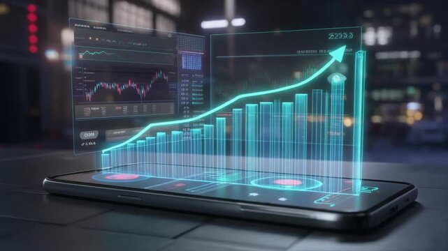 Futuristic financial data visualization on a smartphone screen, showcasing upward trending stock market graphs and analytics