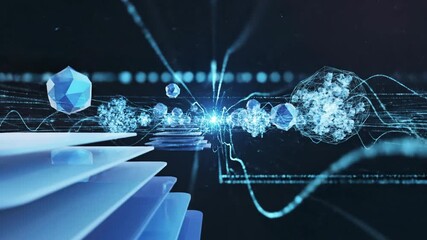 Close-up of a futuristic technology background with glowing blue lines, nodes, and a shield-like object on a dark setting with a cinematic lighting effect and a sense of advanced innovation. - Powered by Adobe