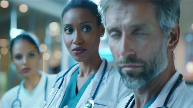 Three doctors in a hospital setting looking serious. One doctor is in focus with two others out of focus in the background.