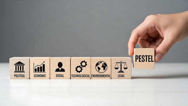 Business strategy concept with pestel analysis blocks on a table with a hand placing the final piece