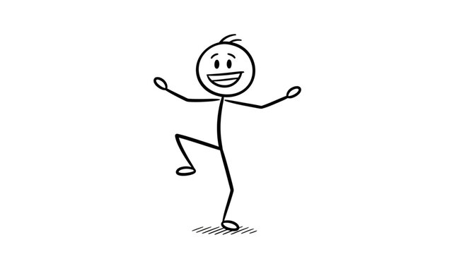 A cheerful stick figure drawing with a smiling face, standing on one leg with arms outstretched, depicting joy and balance.