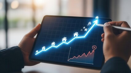 Dynamic and futuristic digital illustration of ascending house icons forming a glowing blue line graph on a tablet screen, held by a person using a stylus, bathed in soft natural light from a window,