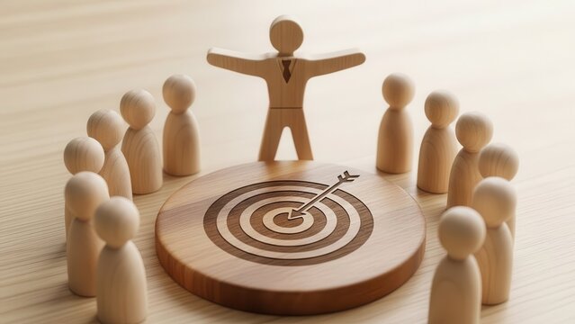 Minimalist, warm-toned wooden peg people arranged in a circular formation around a detailed, engraved wooden target board with a central arrow, featuring a larger peg person with outstretched arms