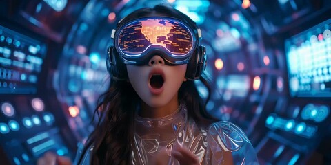 A kid girl learns online using futuristic technology. The concept of the integration of advanced digital tools in education, and learning experiences for the future generation. Generative AI. - Powered by Adobe