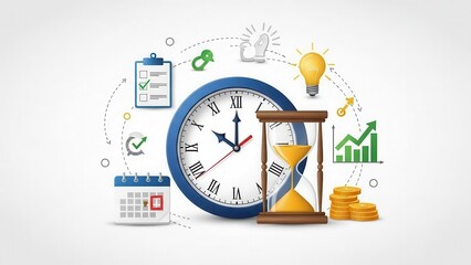 Illustrative and vibrant digital artwork depicting the concepts of time management and productivity, featuring a classic analog clock alongside a flowing hourglass, surrounded by icons representing