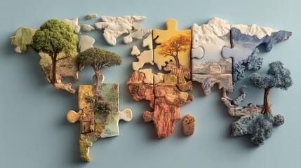 A creative jigsaw puzzle shaped like a world map, each piece depicts diverse landscapes with trees and terrains