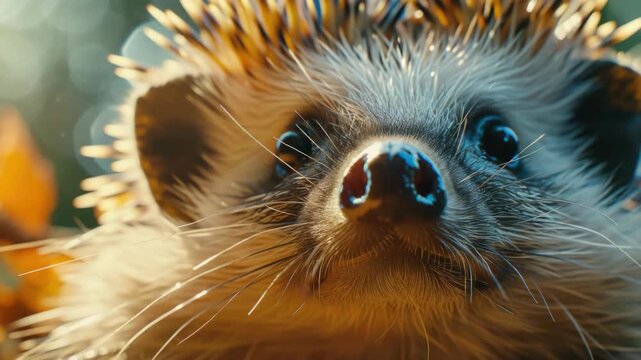 A detailed view of the spiky hedgehog, displaying its unique facial features and texture.
