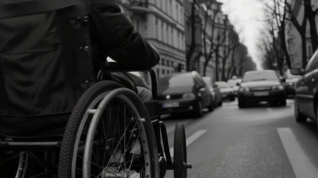 A person using a wheelchair navigates an urban street amid parked cars.