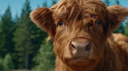 A close up of a brown cow with a big nose. The cow is looking at the camera with a serious expression