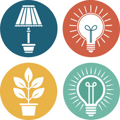 Four circular icons with white stylized objects on colored backgrounds lamp lightbulb