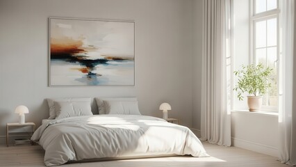 Serene and minimalist bedroom interior featuring a comfortably made double bed with crisp white linen, illuminated by soft natural light streaming through sheer white curtains and complemented by a