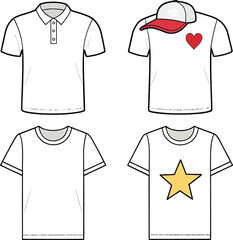Four white t shirts with different designs and a red baseball cap polo shirt t-shirt