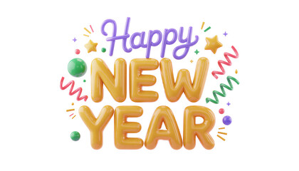 Naklejka premium Happy New Year 3D Glossy Typography with Colorful Decorative Elements on Black Background.