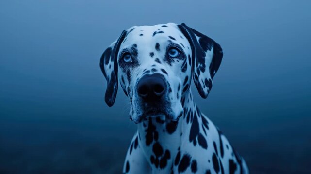 A dog that looks like it has just been groomed and is staring at something unseen. It has striking blue eyes and typical white coat with black spots of a Dalmatian breed.