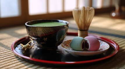 A tray with a black bowl of green tea and a pair of mochi sits on a wooden table. The tray is red and white, and the mochi are pink and green. The scene is set in a cozy