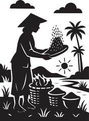 Silhouette of person in conical hat sifting grain near baskets and palm trees under sun vector