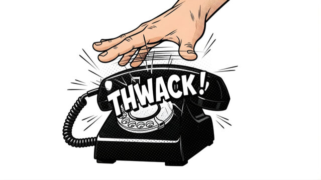 Aggravated hand slamming down an old rotary telephone with a forceful 'THWACK!' in a vintage comic book style illustration, depicting a dramatic and emotional end to a call