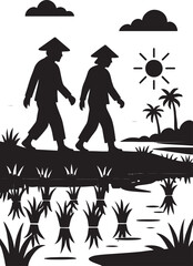 Two farmers wearing conical hats walk through a rice paddy under a sunny sky agriculture walking