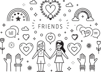 Two girls holding hands surrounded by friendship symbols like hearts rainbows and speech bubbles love