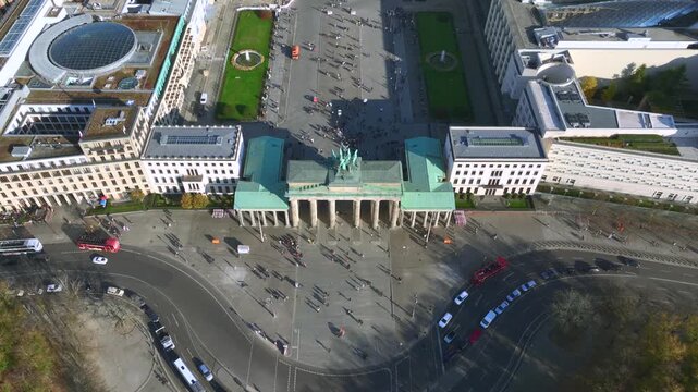 Aerial View of Brandenburg Gate, Brandenburger Tor, in Autumn Day. monument in Berlin, Capital of Germany, Europe.