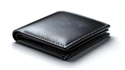 A closed, black leather billfold, possibly for a man, resting on a white surface, creating soft shadows. The stitching is visible
