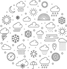 Weather icons collection sun moon clouds rain snow lightning umbrella clock vector